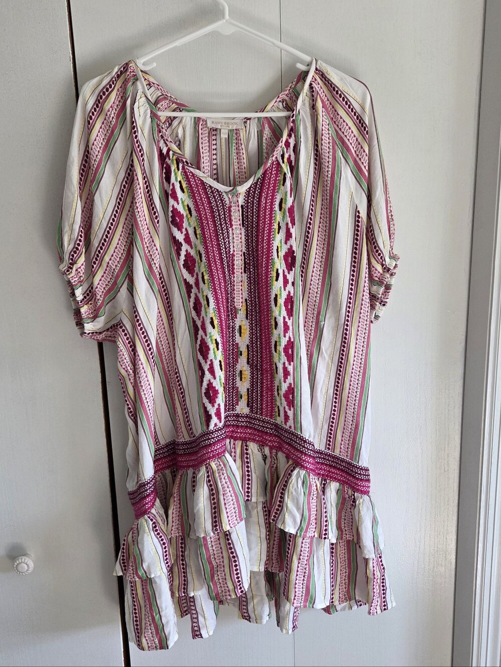 Ramy Brook Striped Embroidered Peasant Tunic in Pink & Cream